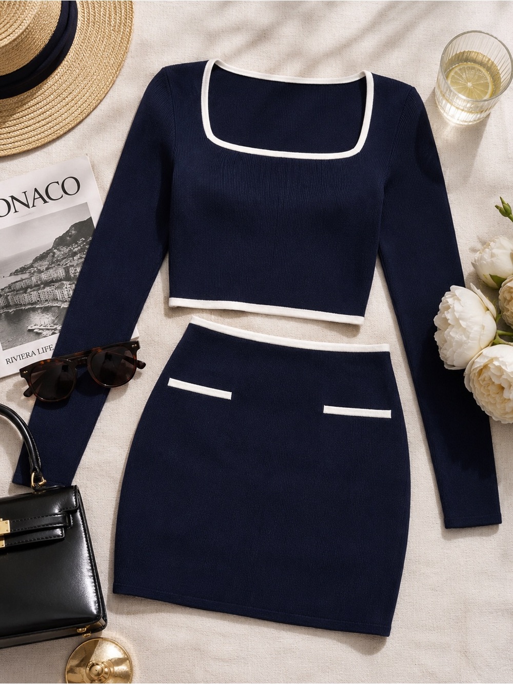 Sincerely Jules Navy Ribbed Knit Two Piece Skirt Set Small White Trim